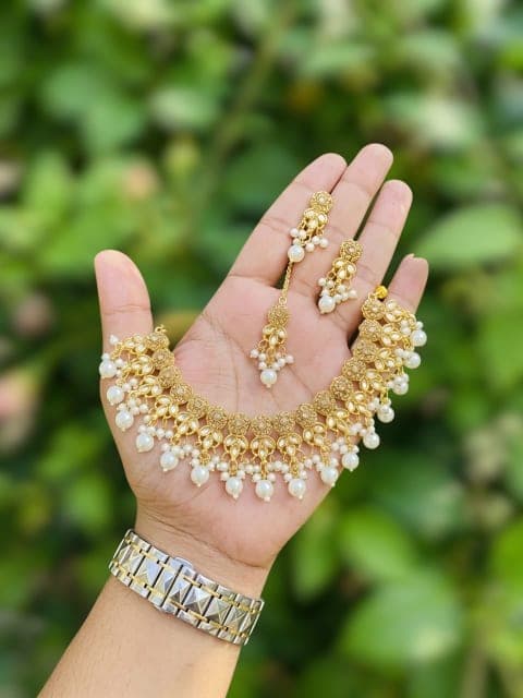 White Kundan Choker Set with Earrings & Tikka